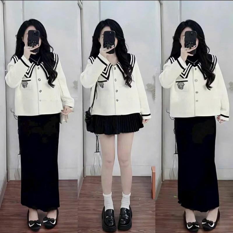 Chất Dạ k co dãn Set Bộ Nữ áo Khoác Dạ ,Cổ Thuỷ Thủ Thêu Túi From Dáng tiểu thư mix chân váy xếp ly bồng xoè MS374