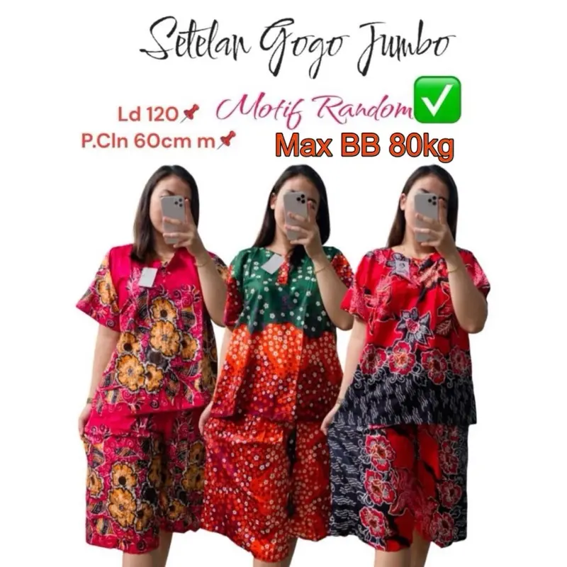 3 Pcs St Gogo Jumbo LD 120 GAMBAR HANYA REFRENSI MODEL, MOTIF DIKIRIM RANDOM Setelan Celana Baju Wanita Piyama Busui jumbo daster hits