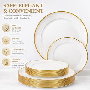 Platos Desechables Blancos/Borde Dorado, Platos de Plástico para Boda, Fiesta, Cena, Reunión Familiar y Decoración de Mesa
