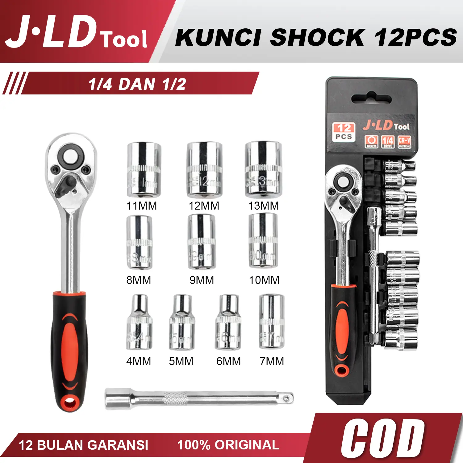 JLD Set Soket Ratchet Logam CR-V 12PCS 1/4'' & 1/2'' dengan Batang Ekstensi 100mm/125mm - Torsi