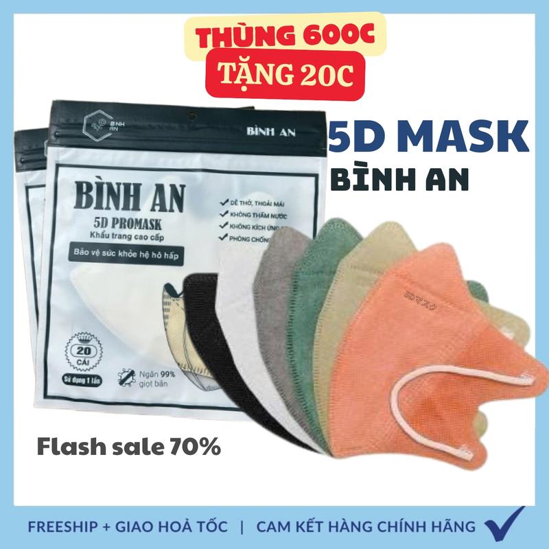 Thùng [600 chiếc tặng 20 chiếc] khẩu trang 5D Bình An - Thiết Kế Ôm Mặt, Đeo Êm Như Không, Kháng Khuẩn Toàn Diện - Chống Nắng & Tia UV Đỉnh Cao