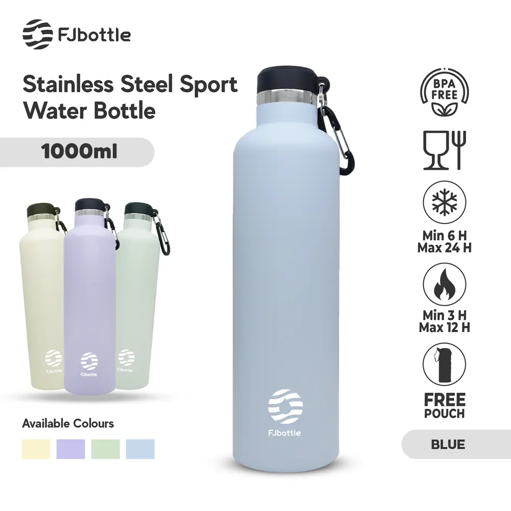 FJbottle - Botol Minum Tumbler Olahraga Stainless Steel Soft Colors 1Liter Double Insulated Bottle Tahan Panas dan Dingin Dengan Carabiner