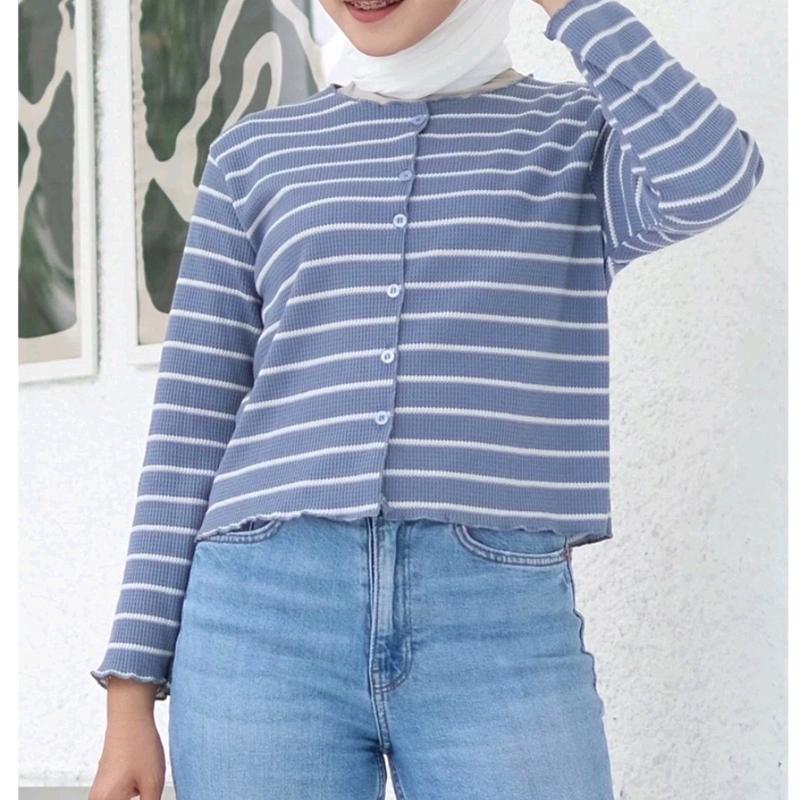Cardigan Salur crop Korean Style Knit Waffle / Cardigan Stripe Wanita Terbaru Knitwear korea 4