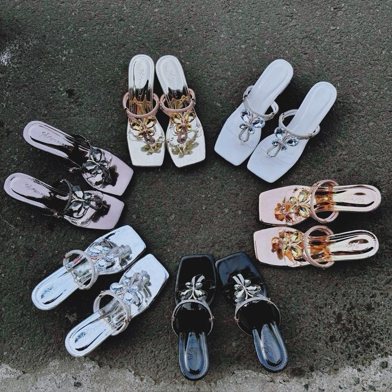   CÓ HỘP  Dép Cao gót kẹp 5-7p kết bướm đá quai điều chỉnh được độ rộng chật mũi vuông nhiều màu sắc lựa chọn 