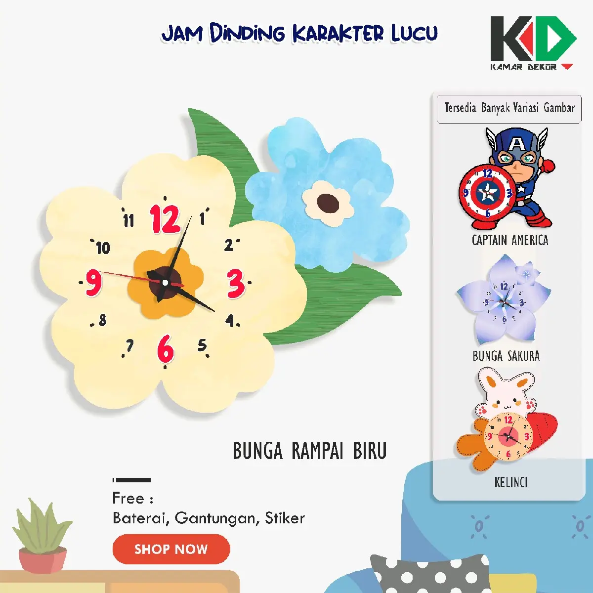 Jam Dinding Aesthetic Hiasan Pajangan Dekorasi Kamar Rumah Minimalis Jam SNI Motif Batik Bunga