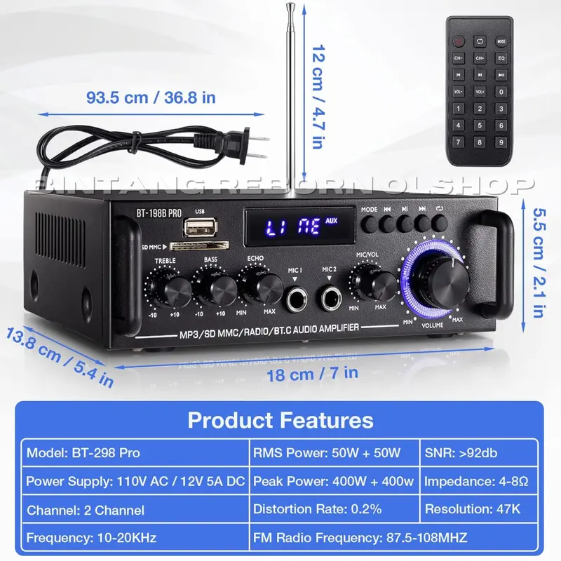 Power Amplifier FLECO BT-198B PRO | Amplifier Bluetooth MINI Fleco Audio Power BT 198B PRO 1000W | Karaoke + Mp3 player + FM Radio Full Bass - FLECO BT-198B PRO 2