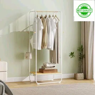 Rak Gantungan Pakaian Stainless Standing Single Dengan Ambalan Bambu Modern 74x40x160 cm - Putih/Cokelat ( BEST QUALITY )