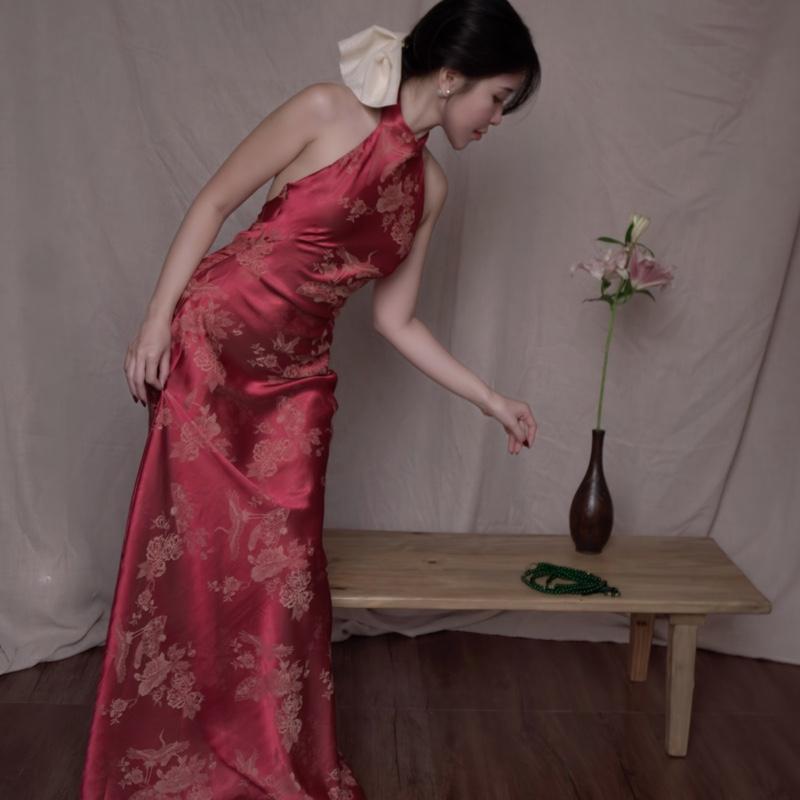  Đầm Lụa Gấm Yếm Nơ Cổ có khoá kéo 