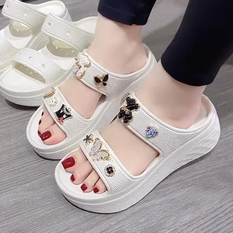 Dép bánh mì nữ đế cao 5cm đúc nguyên khối thời trang đính kèm charm đá xinh ngẫu nhiên chống nước chống trơn trượt