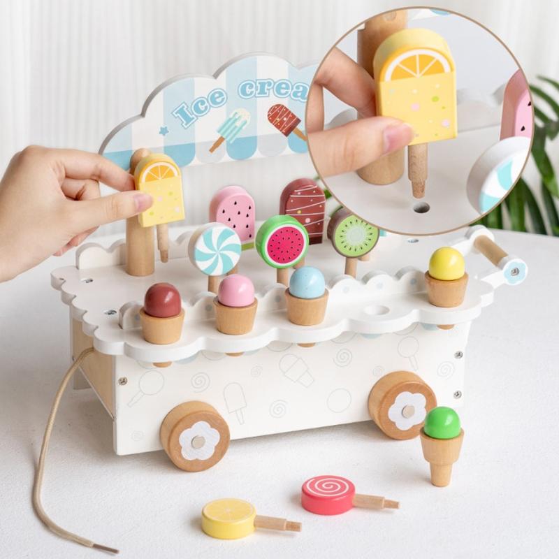 Wooden simulation ice cream cone ice cream machine, boys and girls ice cream cart, children play house toys gifts 3