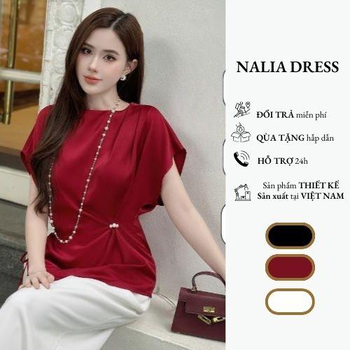   F  NALIA VERA   kèm quà   -  Áo sơ mi tay hến 3 màu trắng đen đỏ chất liệu lụa mềm mại thiết kế nhấn eo 