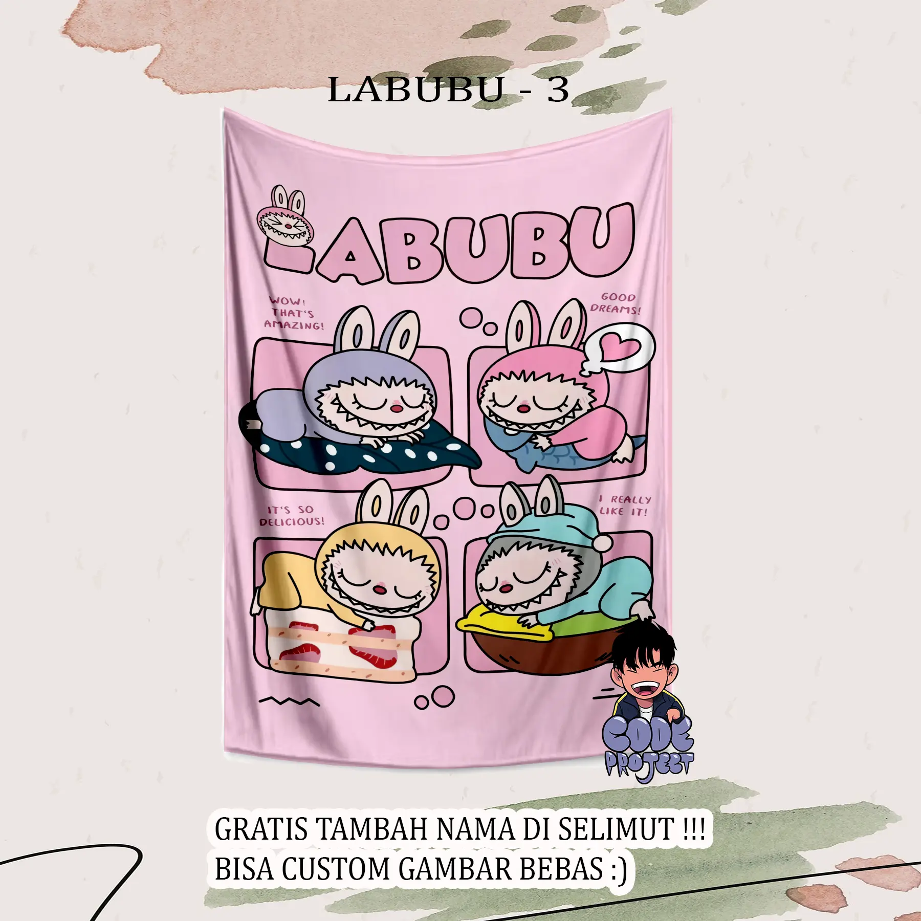 SELIMUT ANAK KARAKTER LABUBU - selimut karakter - selimut anak lucu labubu - custom selimut - selimut bisa di kasih nama - hadiah lucu anak labubu