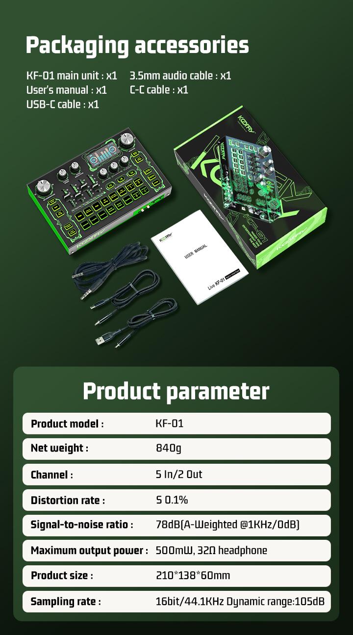 Product Introduction of koorfly-KF01 sound card ZX320 mic set Audio Bluetooth External Peralatan Bernyanyi atau siaran langsung dengan headphones dan microphone 50