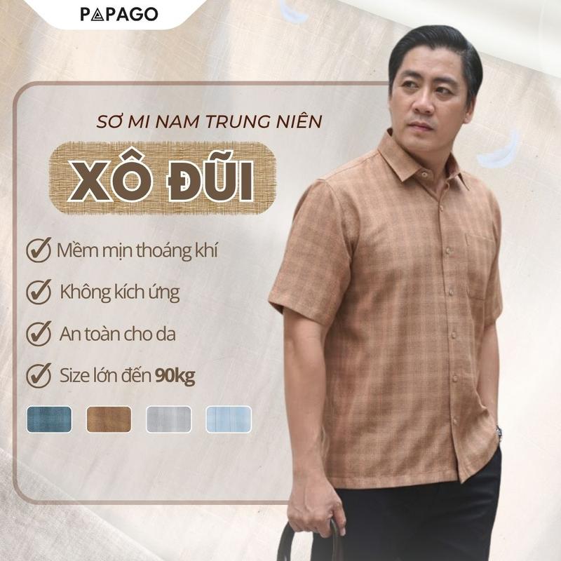  Áo Sơ Mi Nam Trung Niên PAPAGO Tay Ngắn Lai Ngang Sọc Caro Vải Xô Đũi - P23SNCR002 