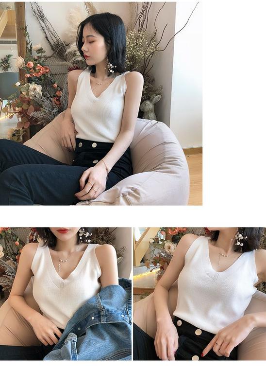 Product Introduction of Fashion Ice Silk Camisole Women's Outer Wear Summer Sleeveless Knitwear Korean Style Loose V-neck Short Bottoming Shirt Top Fashion Womenswear Lingerie 9