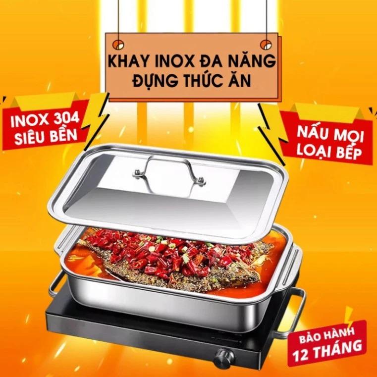  Khay hấp inox có nắp đa năng đựng thịt nướng khay hấp cá nấu lẩu bê đồ an toàn tiện ích 