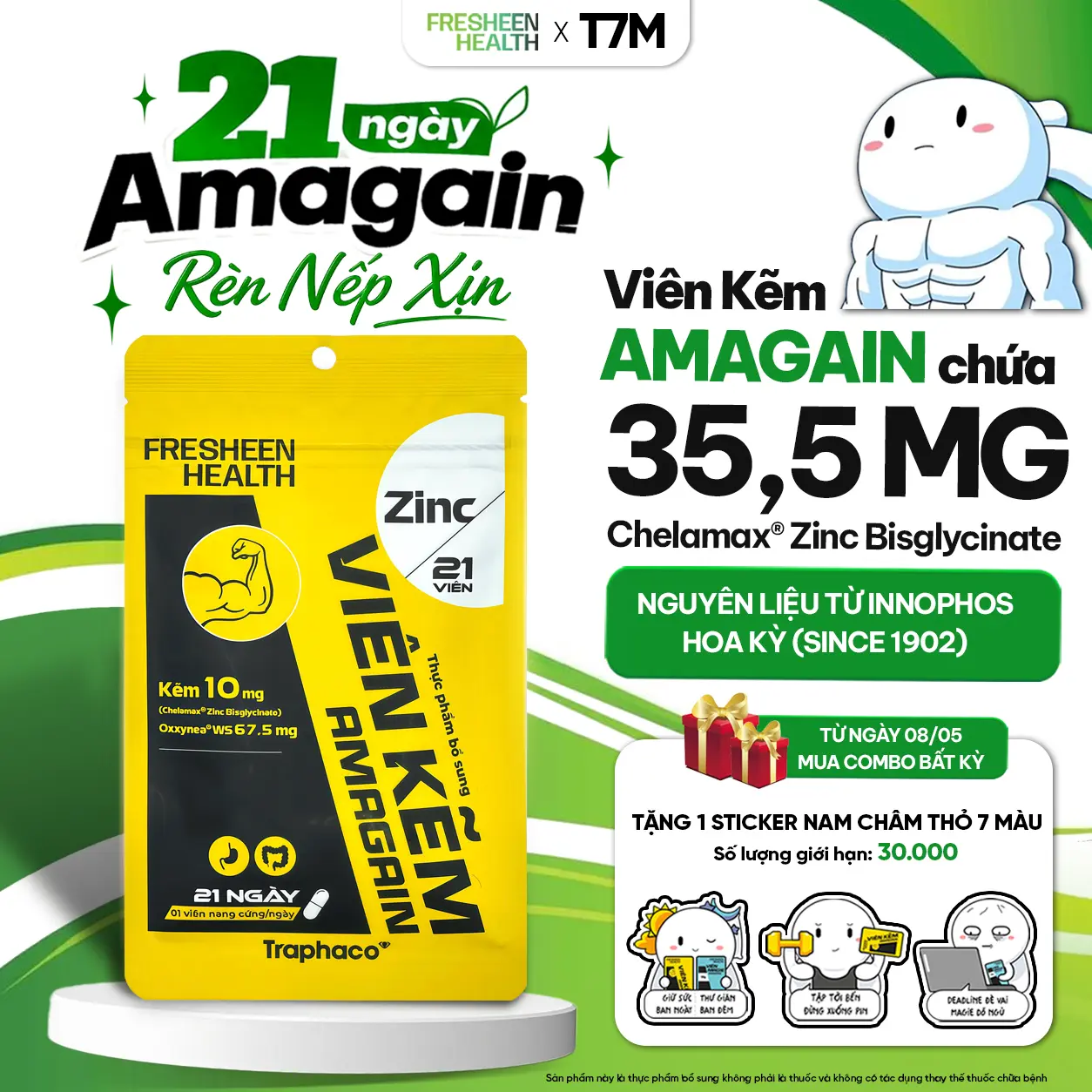 [DEAL SỐC] Viên kẽm AMAGAIN bổ sung Kẽm Chelamax Bisglycinate  phù hợp với người có sức khỏe kém, mệt mỏi, chán ăn rụng tóc - phân phối bởi Fresheen Health