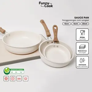 [DAPAT 3PCS] Funnycook Sauce Pan Anti Lengket 3 Ukuran – Gagang Kayu Estetik | 12cm 16cm 20cm | Bahan Iron + Jerami Gandum Panci Dapur Kitchenware