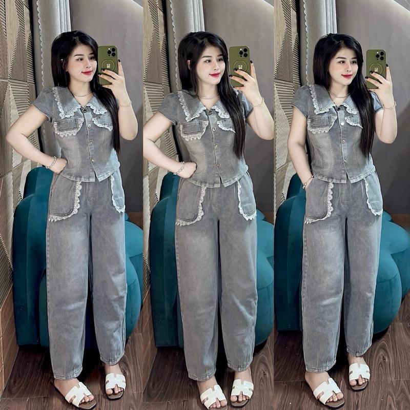 V1 <88cm 46- 57kg Bộ Jean ko giãn Áo tay bo thun gài nút vạt nhúng bèo quần jean lưng thun baggy Top Women Nữ