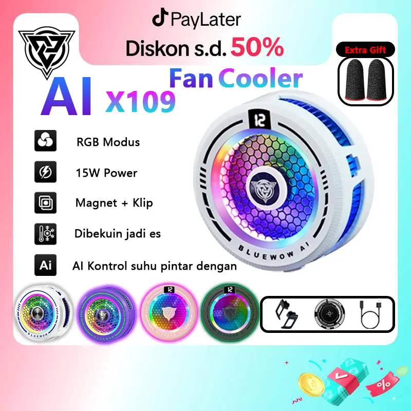 Bluewow AI X109 Fancooler, Kontrol suhu cerdas melindungi ponsel, Super Dingin, Nggak Berisik, RGB, Untuk HP Android & iPhone & iPad Kipas Angin, 4 warna pendingin ponsel