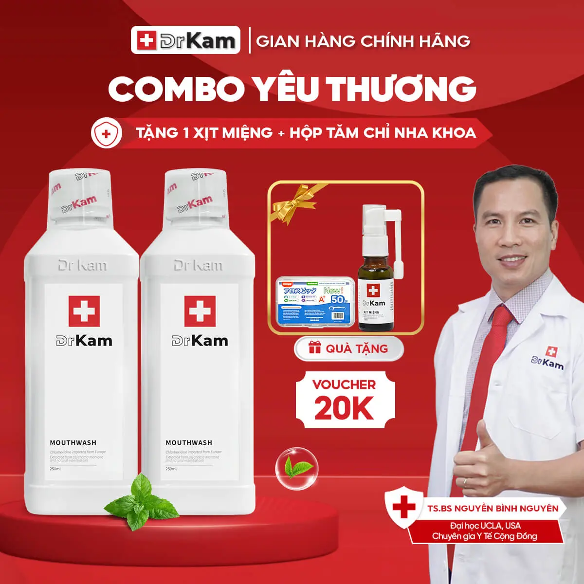 [COMBO SIÊU TIẾT KIỆM] Combo 2.Nước súc miệng chuẩn y khoa DrKam - khử hôi miệng, giảm viêm nướu. Tặng 1 xịt miệng, tăm chỉ nha khoa.