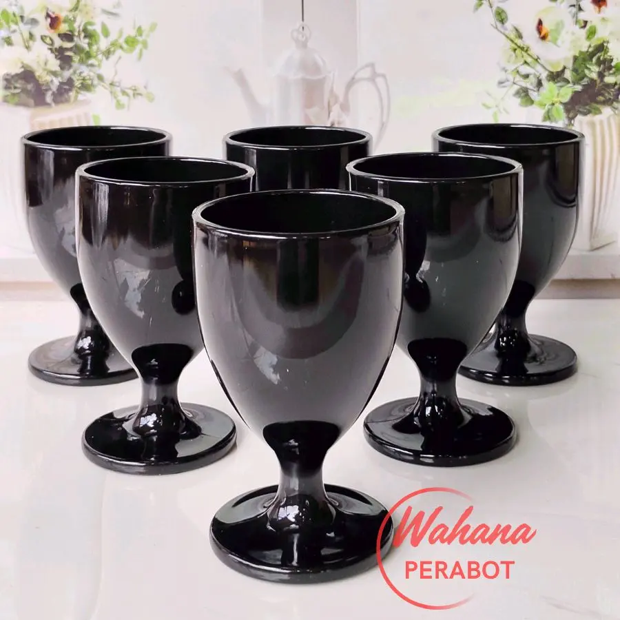 PROMO 6 PCS Gelas Kaki Semi Melamin tebal Hitam Elegan Aman Panas Food Grade untuk Minuman Harian Aesthetic