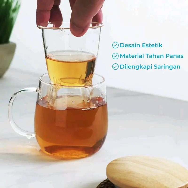 Gelas Cangkir Teh Tea Cup Aesthetic Mug with Infuser Filter Saringan Kaca Tutup Kayu 420ml 2