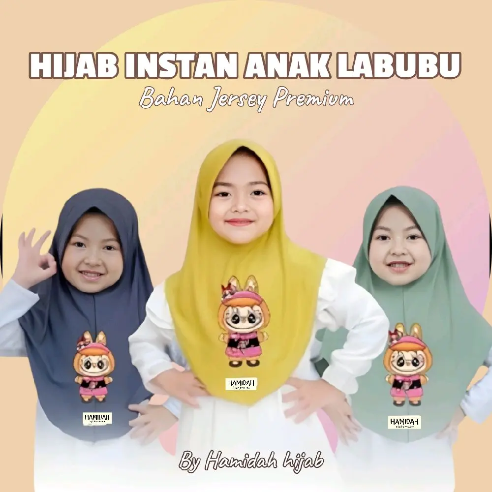 Hijab Labubu Anak Jersey Premium Hijab Karakter Kerudung Instan Anak Umur 2-10 Tahun Muslim Terbaru Terlaris Nyaman Halus Jersey Premium Sekolah