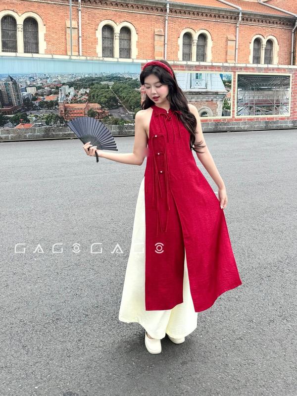  Áo Dài Yếm GAGO Brand Vải Đũi Vân May Tết Hot Nữ Tính Áo Dài Cách Tân Women Đỏ Mới Nhất 2026  chỉ áo  