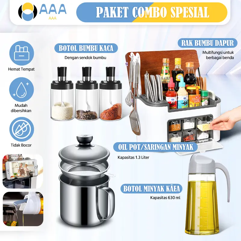 (AAA) Paket Combo Spesial Rak Bumbu Dapur + Botol Minyak 630ML + Oil Pot Minyak 1.3 L + Botol Bumbu kaca 0