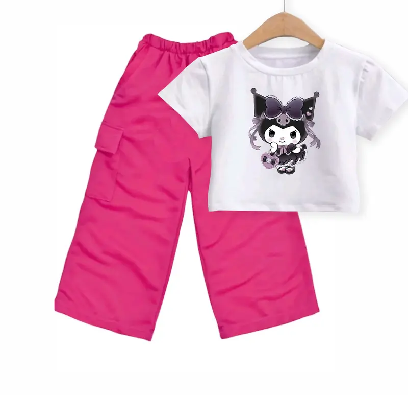 Setelan Anak Perempuan Korea Style 5-10 Tahun Kaos Crop Top Dan Celana Kargo Motif Kuromi Pita Fashion Baju Anak 1