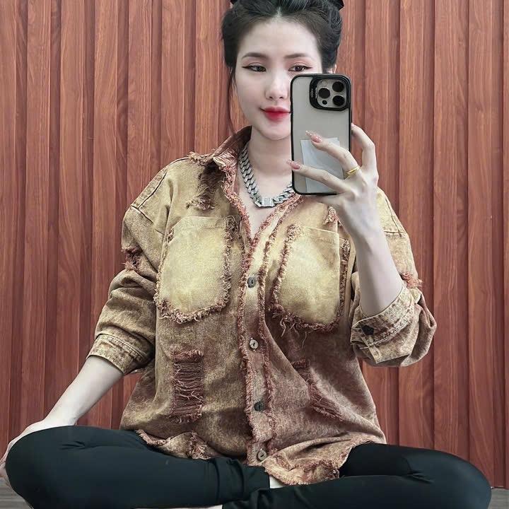 ÁO SƠMI Jean Tay dài Nử Wash vạt bầu dài vừa chất mềm Trơn (không quần)