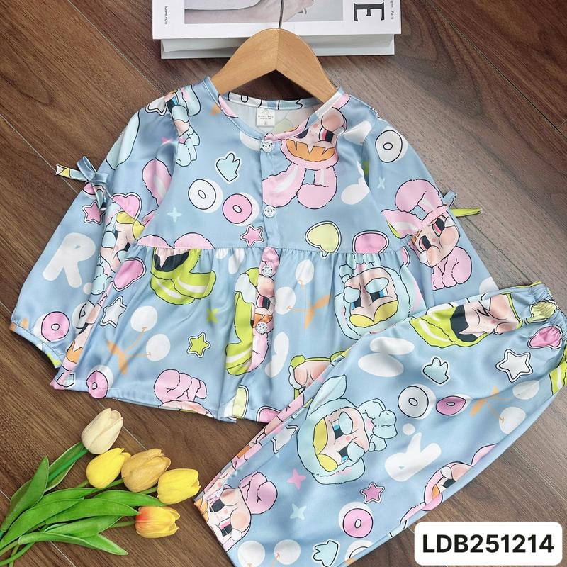  LDB251214 Bộ lụa dài mẹ bé pijama tay dài quần dài cho bé gái 12kg-60kg cài nút phối viền 