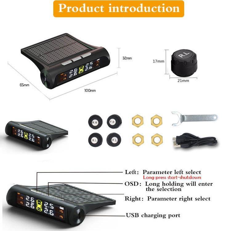 Product Introduction of Hệ thống giám sát áp suất lốp, TPMS Thông Dụng, với bảng điều khiển năng lượng mặt trời và sạc USB, xe thông minh, 4 cảm biến bên ngoài, màn hình LCD thời gian thực 5