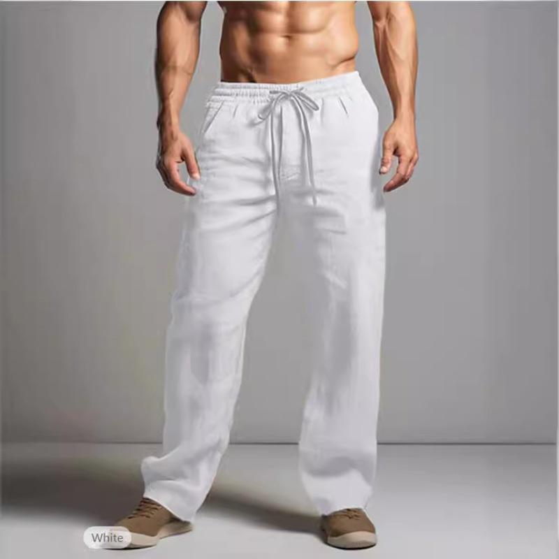 Product Introduction of Men's summer pants, men's thin trousers, solid color drawstring casual loose cotton and linen pants, delicate simple straight pants 5