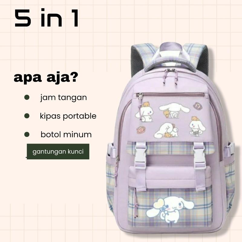 TAS RANSEL SEKOLAH ANAK PEREMPUAN SD SMP SMA CINNAMOROL COMBO JAM TANGAN KIPAS BOTOL MINUM DAN GANCI 2