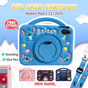 Casing For Redmi Pad 2 11" 2025 WiFi 5G LTE Case Anak Softcase Kid Motif Stitch Lucu Standing Rotate 360 Bonus Stylus Pen Tali Lanyard