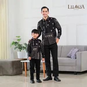 LELAKSA BATIK -  Kemeja Batik Pria Dewasa dan Anak Slimfit Furing Lengan Panjang Warna Hitam Cream 592