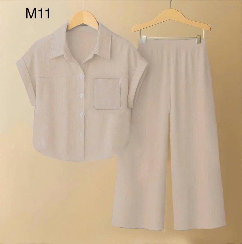  Bộ đũi nữ thiết kế mới – set đồ bộ hot trend dáng rộng thoải mái tôn dáng che bụng tốt – áo tay ngắn cổ sơ mi phối quần dài ống suông – chất đũi tơ mềm mát không nhăn lên form cực đỉnh 