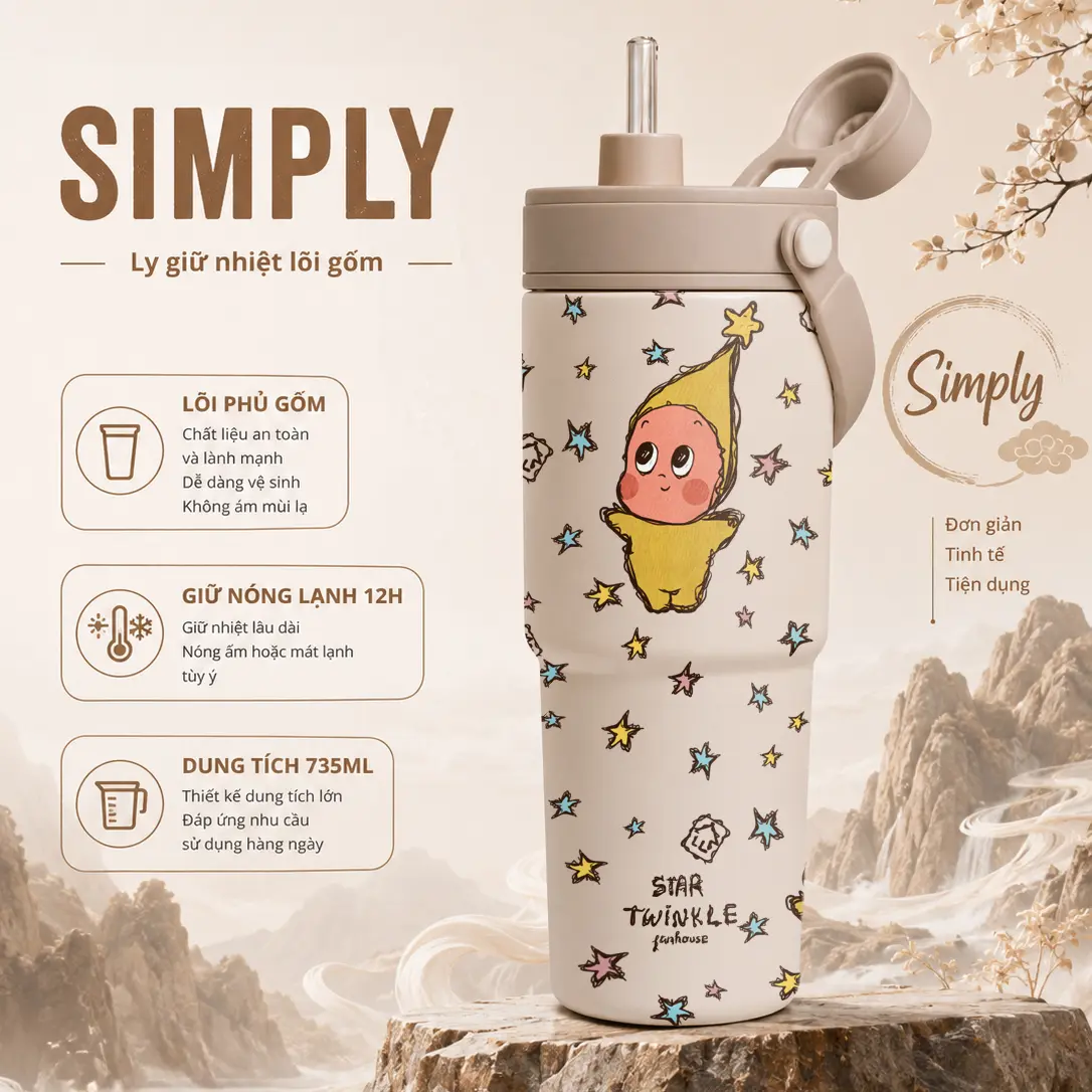 [Tặng Túi Canvas Khi Khắc Tên] Ly giữ nhiệt Simply dung tích 735ml chất liệu inox 316 phủ Sứ cao cấp Fan House khắc tên theo yêu cầu