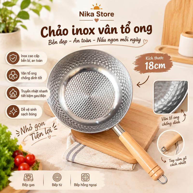 Chảo Inox , Quánh Inox 18cm Cao Cấp Tay Cầm Gỗ Cách Nhiệt Tiện Lợi Dùng Cho Mọi Loại Bếp