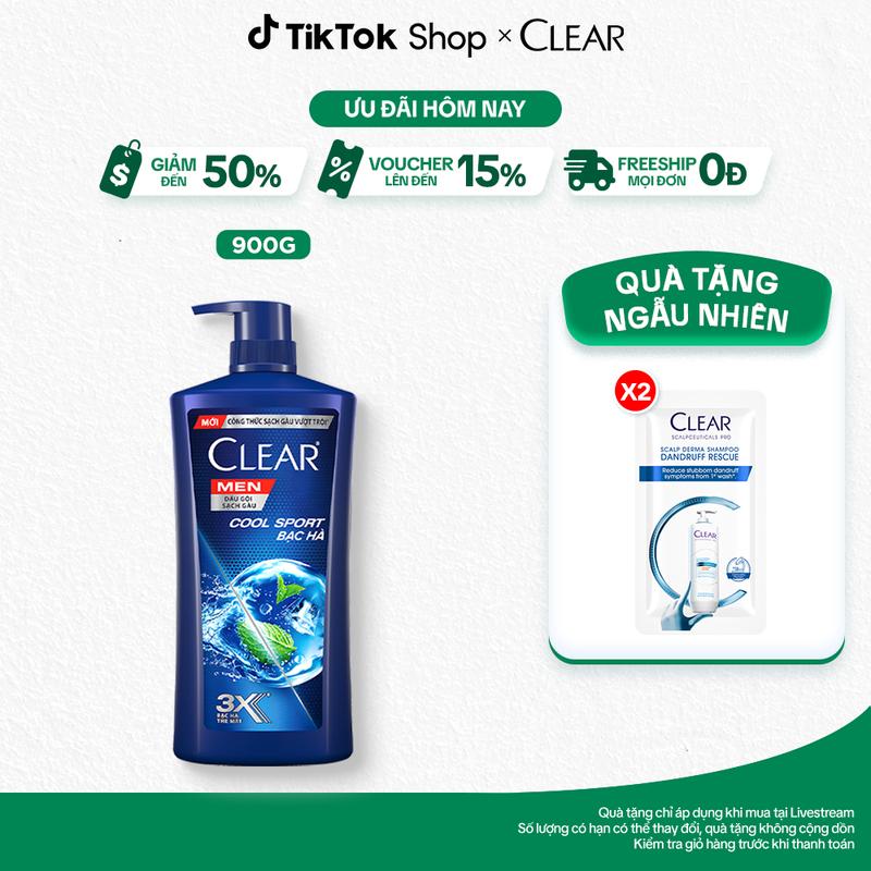 [1] Dầu gội đầu Clear Cool Sport Hỗ Trợ Đánh bay gàu, nhờn và ngứa Bạc hà Hỗ Trợ Dưỡng tóc và da đầu 900G