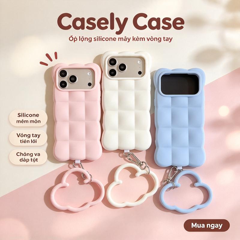 Ốp lưng iPhone 18 11 13 17 15 16 12 14 Pro Max 16 15 14 Plus silicon bong bóng ô vuông kèm vòng tay đám mây tháo rời, mềm mại chống va đập, bảo vệ camera, màu pastel xinh xắn