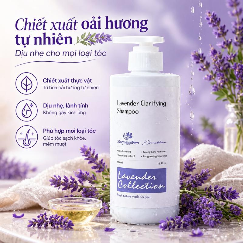 Dầu gội hoa oải hương DermaBloom 500ml chống gàu mạnh, giảm ngứa da đầu, kiểm soát dầu, hương thơm lưu lâu