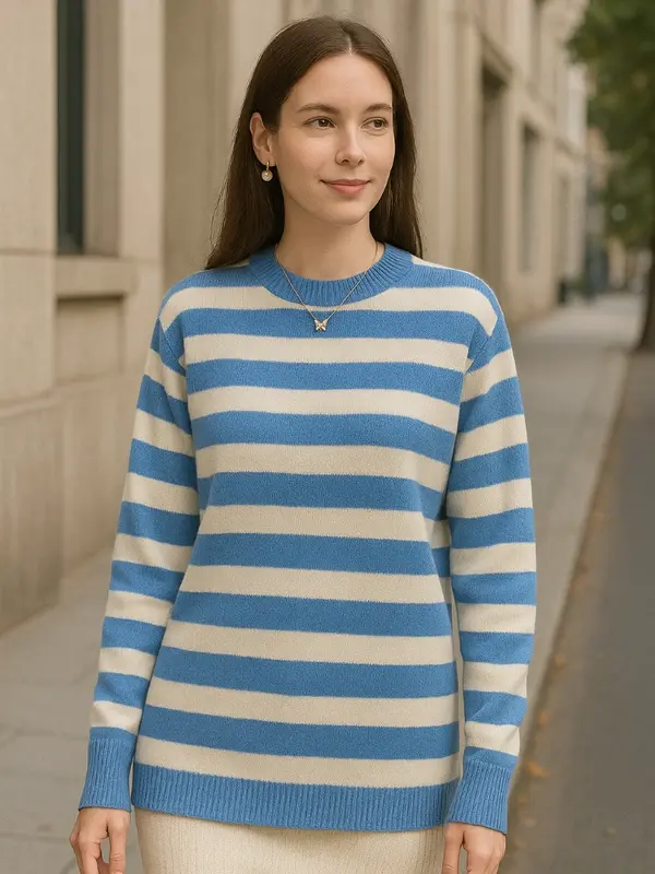 Women Merino Wool Sweater, Round Neck, Strip Pullover, Color Matching, Casual Knitted, Bottoming 3