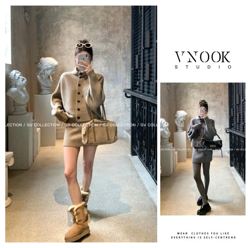 【VNOOK Bộ đồ nữ mùa thu đông mới gồm hai món áo len dệt kim thời trang và váy