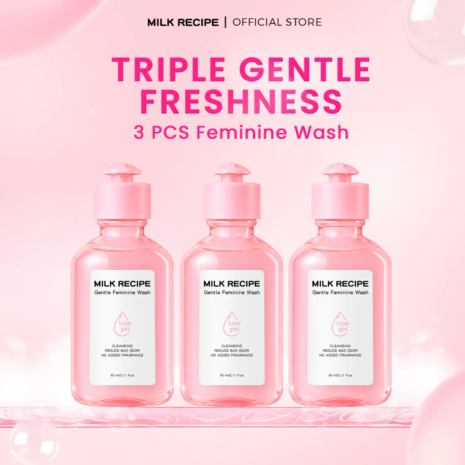 Milk Recipe Bundle 3PCS Feminine Wash - 60ml x 3Pcs - PAKET LEBIH MURAH Pembersih Kewanitaan untuk Mengurangi dari Bau, Gatal, dan Keputihan