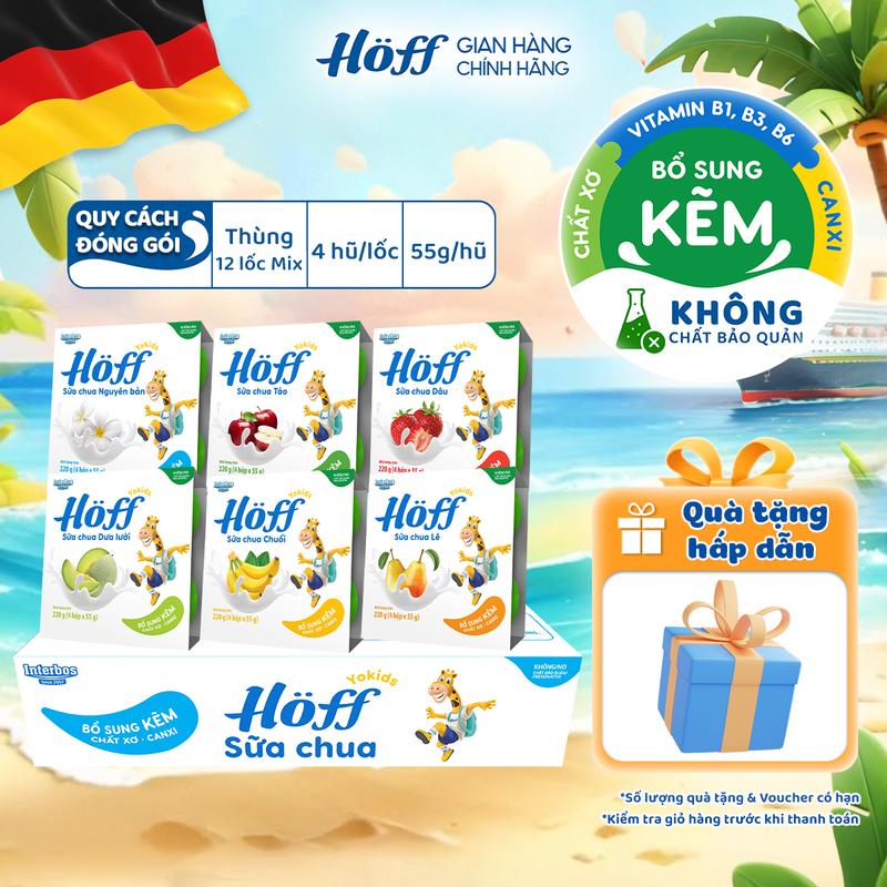 Sữa chua cho bé ăn dặm combo mix 6 vị Hoff bổ sung dinh dưỡng canxi kẽm vitamin B1 B2 B3 B6 chất xơ, Men vi sinh hỗ trợ hệ tiêu hóa thùng 12 lốc (48 hộp x 55g) chính hãng