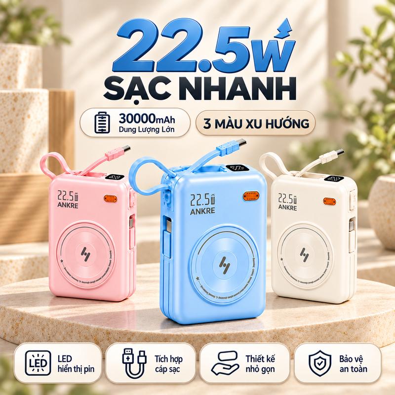 Pin Sạc Dự Phòng 30000mAh Sạc Nhanh 22.5W, Tích Hợp Cáp Sạc, Màn Hình LED Hiển Thị Pin, Thiết Kế Nhỏ Gọn Dễ Mang Theo, 3 Màu Xanh Dương, Hồng Và Be Nhạt