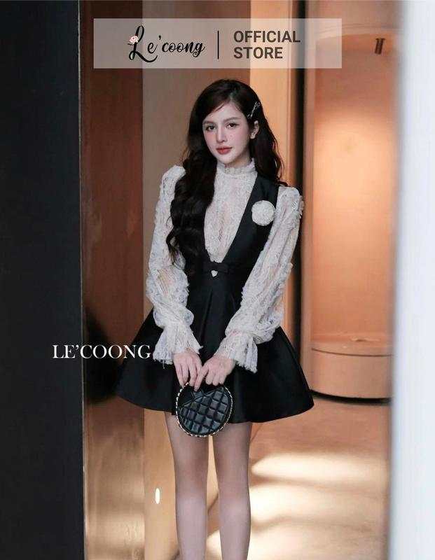  Set Yếm  Tiểu Thư Dáng Xoè Bồng Đính Hoa  LECOONG B236 Đầm Đẹp Phối Sơ Mi Trắng Ren Lưới Sang Chảnh 